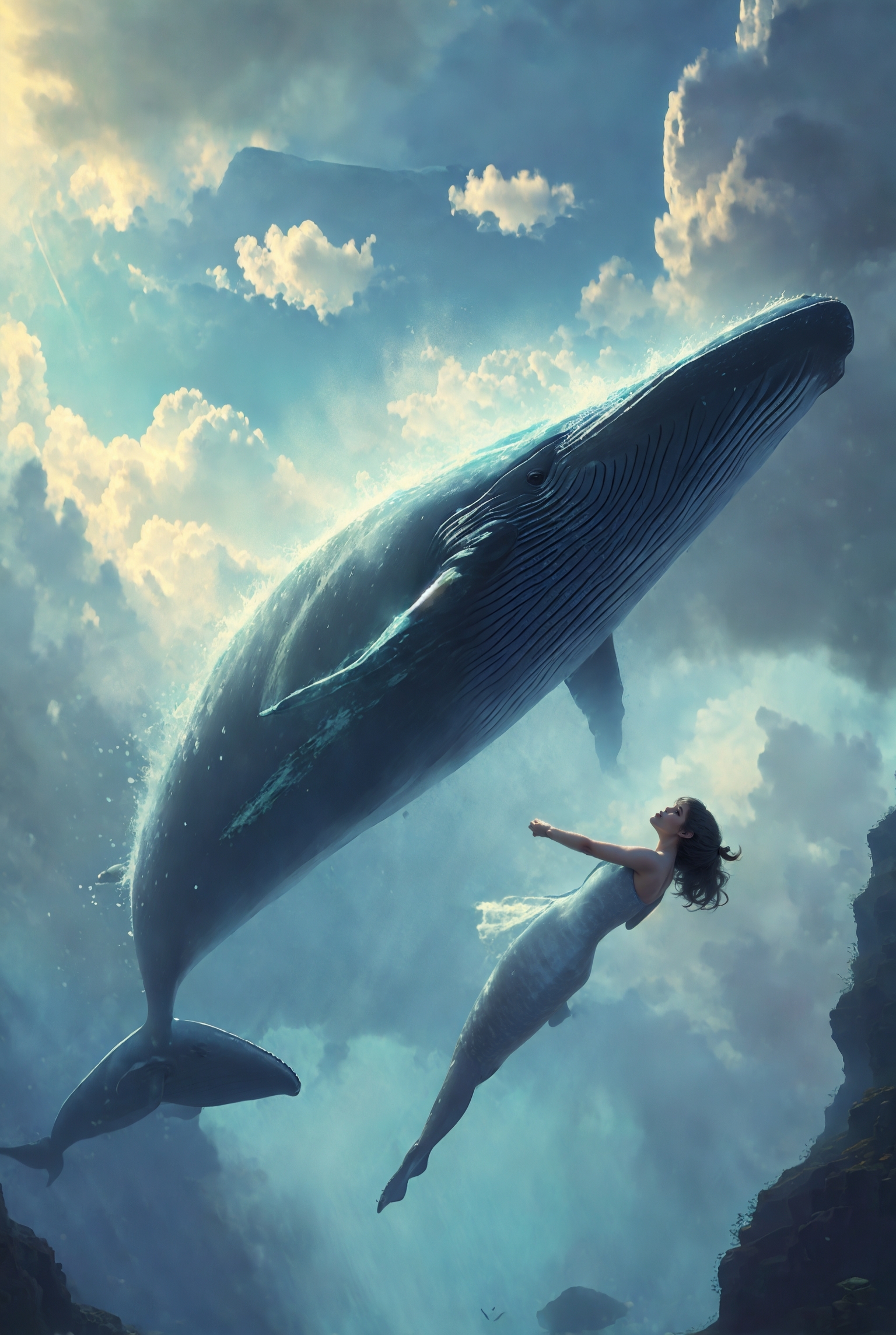 606247209521970404-3358084319-xuer Big whale, 1girl, dress, underwater, long hair, white dress, barefoot, freediving, solo, whale, air bubble, black hair, sle.jpg
